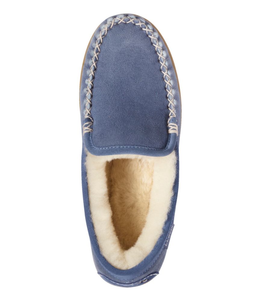 Women’s charcoal blue suede Venetian slipper with cream shearling lining, shown from top view.