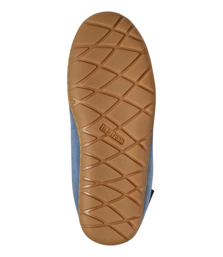 Women’s charcoal blue Venetian slipper with tan rubber outsole featuring diamond traction pattern and L.L.Bean logo.