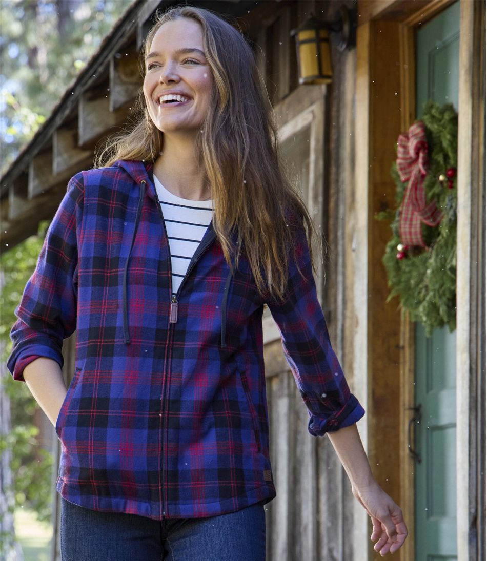 L.L.Bean Scotch Plaid Flannel Relaxed Fit Hoodie Women's Clothing : SM