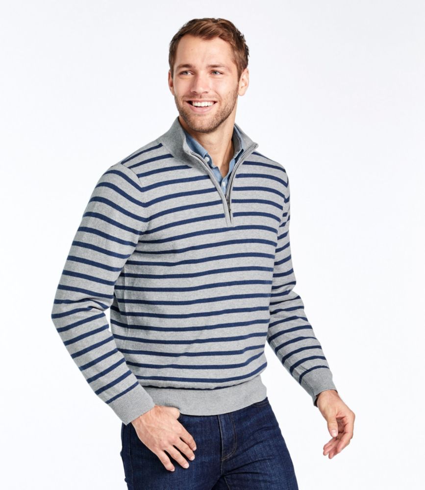 Men's Cotton/Cashmere Sweater, QuarterZip Stripe