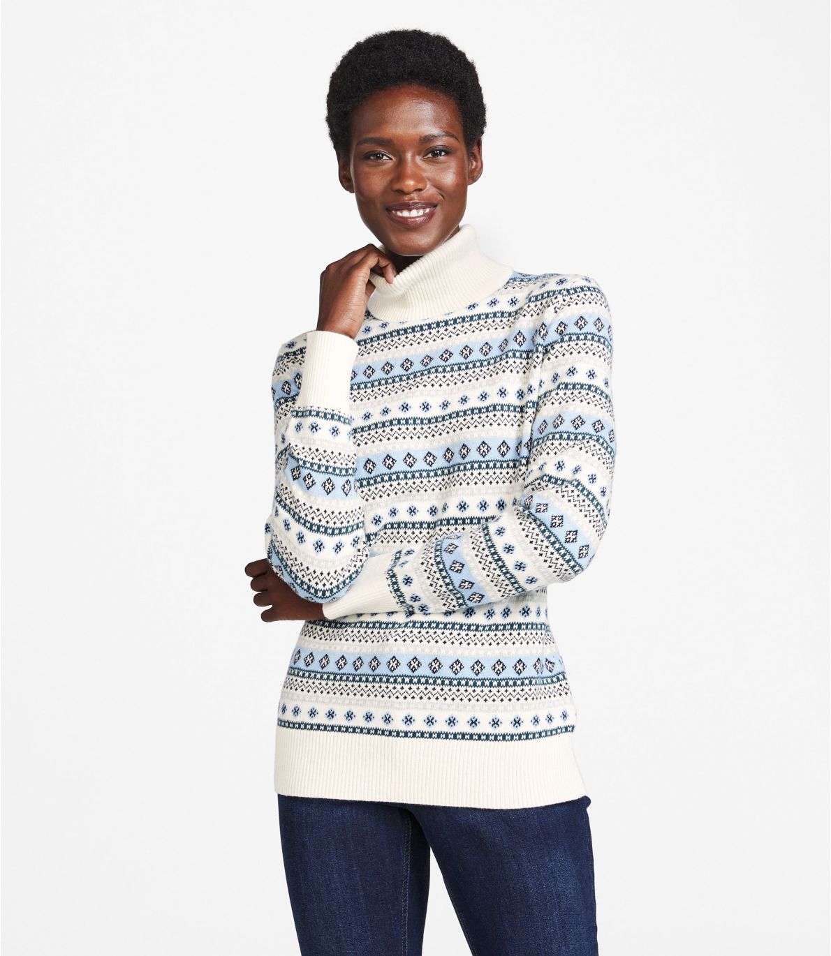 Women's Cotton/Cashmere Sweater, Fair Isle Turtleneck