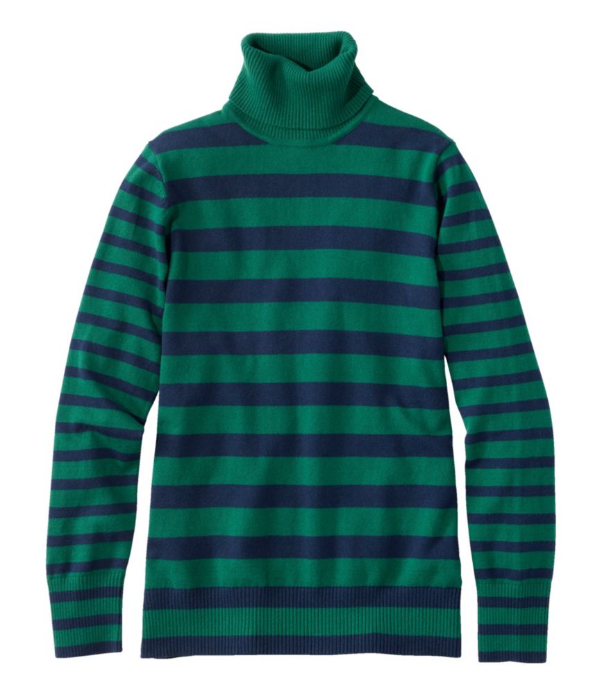 Women's Cotton/Cashmere Sweater, Turtleneck Stripe, Emerald Spruce/Classic Navy, small image number 1