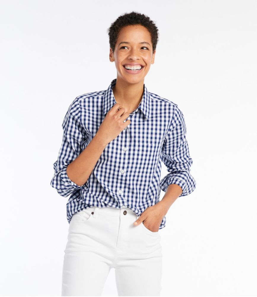 Women's Wrinkle-Free Pinpoint Oxford Shirt, Long-Sleeve Relaxed Fit Plaid