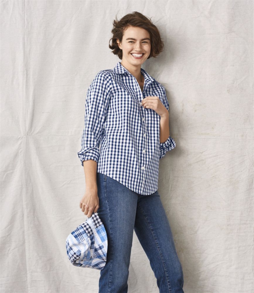 Women's Wrinkle-Free Pinpoint Oxford Shirt, Long-Sleeve Relaxed Fit Plaid, Alpine Blue, small image number 5