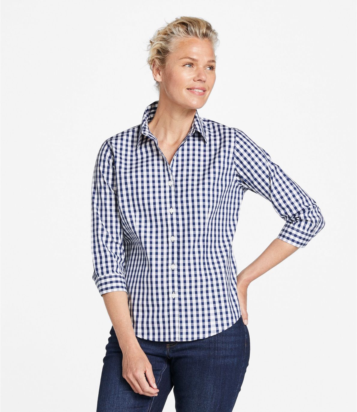 Women's Wrinkle-Free Pinpoint Oxford Shirt, Three-Quarter-Sleeve Slightly Fitted Plaid