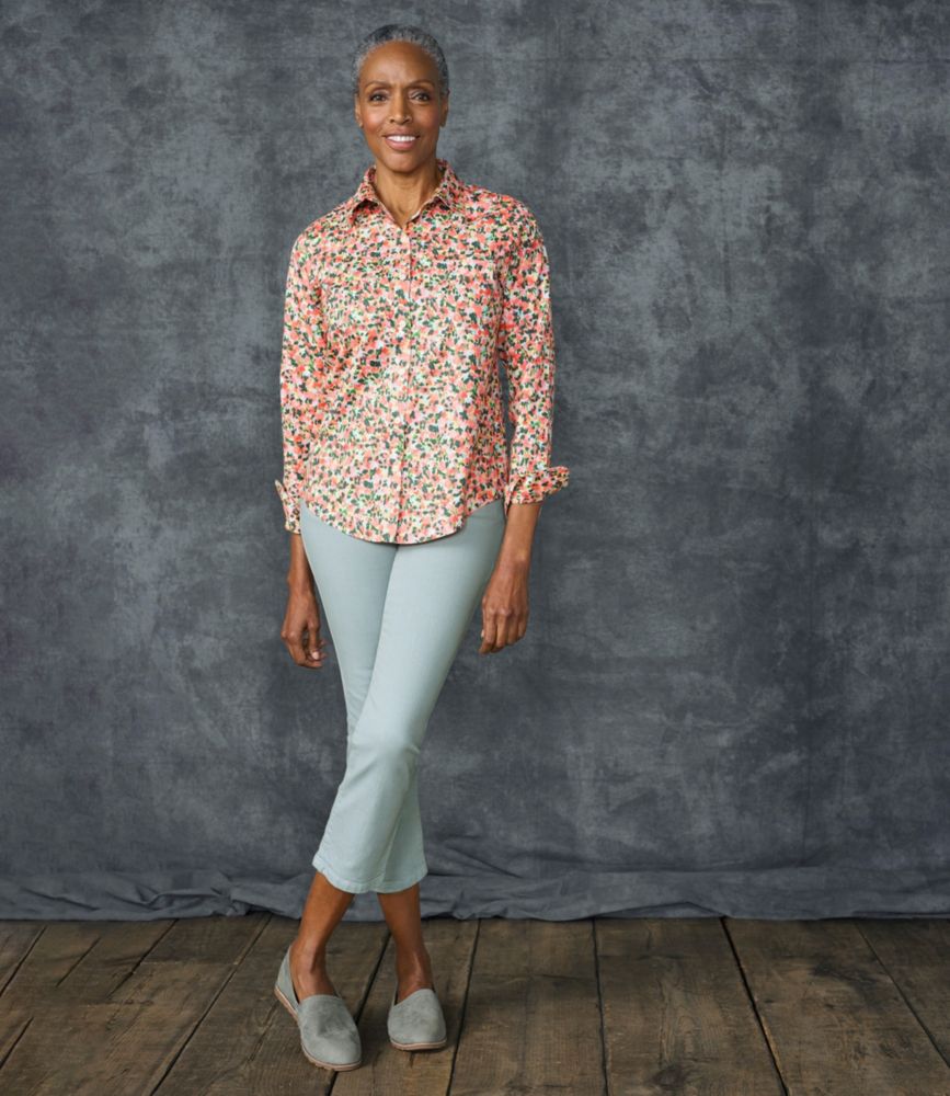 Women's Wrinkle-Free Pinpoint Oxford Shirt, Relaxed Fit Long-Sleeve Print, Sunlit Coral floral, small image number 4