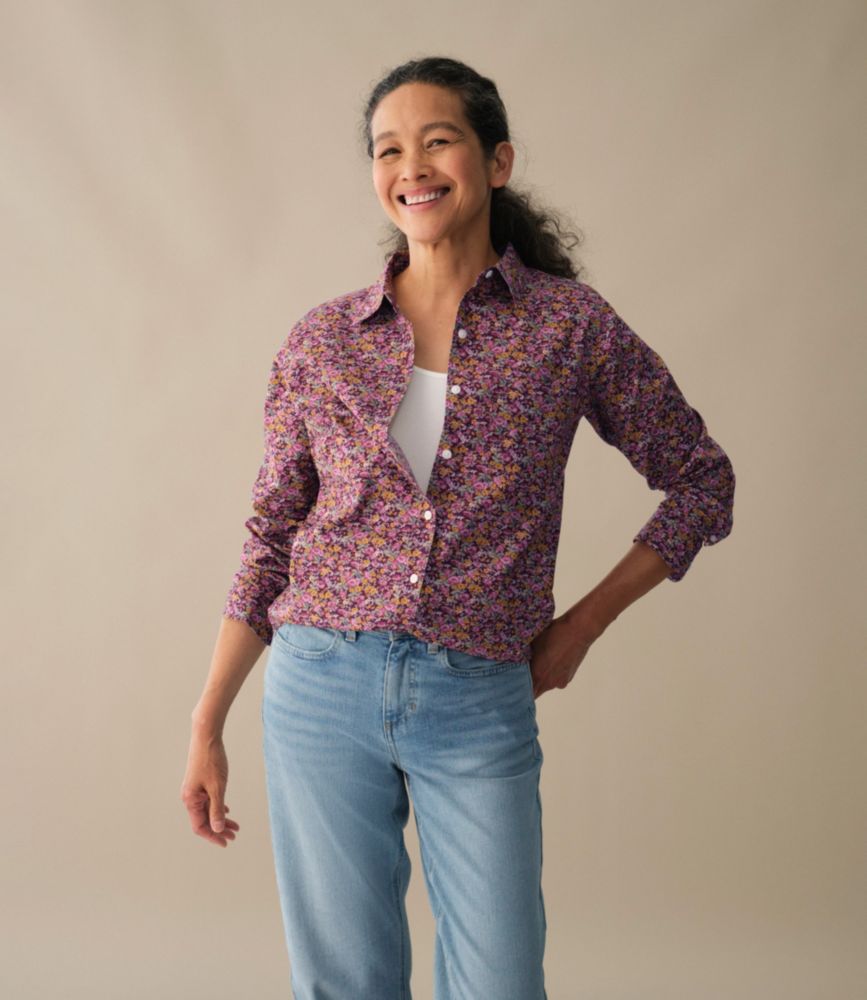 Women's Wrinkle-Free Pinpoint Oxford Shirt, Relaxed Fit Long-Sleeve Print, Cirrus Blue Floral, small image number 4