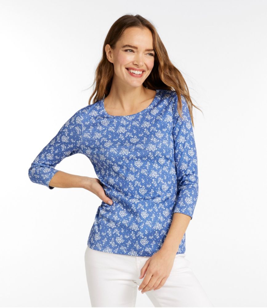 Women's Pima Cotton Shaped Jewelneck Tee, Three-Quarter-Sleeve Print, Navy Multi Floral, small image number 2