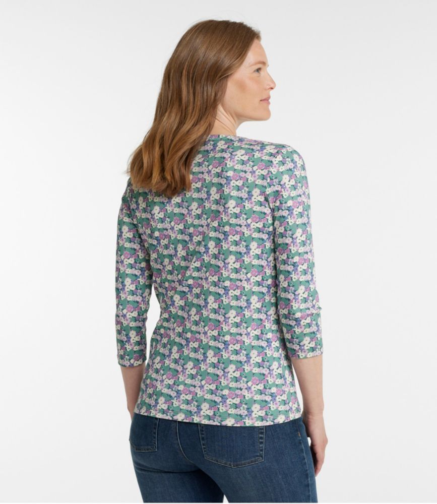 Women's Pima Cotton Shaped Jewelneck Tee, Three-Quarter-Sleeve Print, Sea Salt Floral, small image number 3