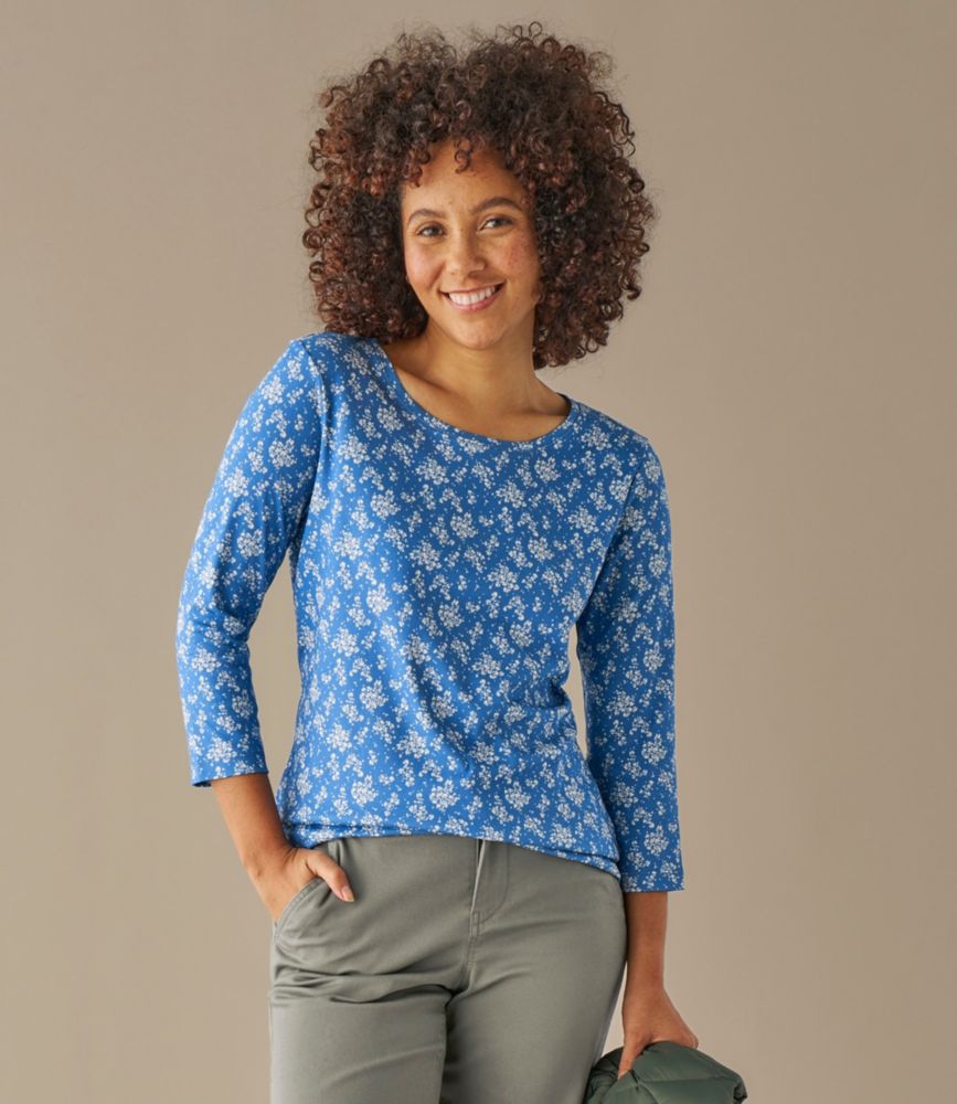 Women's Pima Cotton Shaped Jewelneck Tee, Three-Quarter-Sleeve Print, Flag Blue Floral Bunch, small image number 5