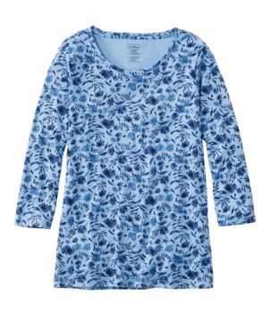 Women's Pima Cotton Shaped Jewelneck Tee, Three-Quarter-Sleeve Print