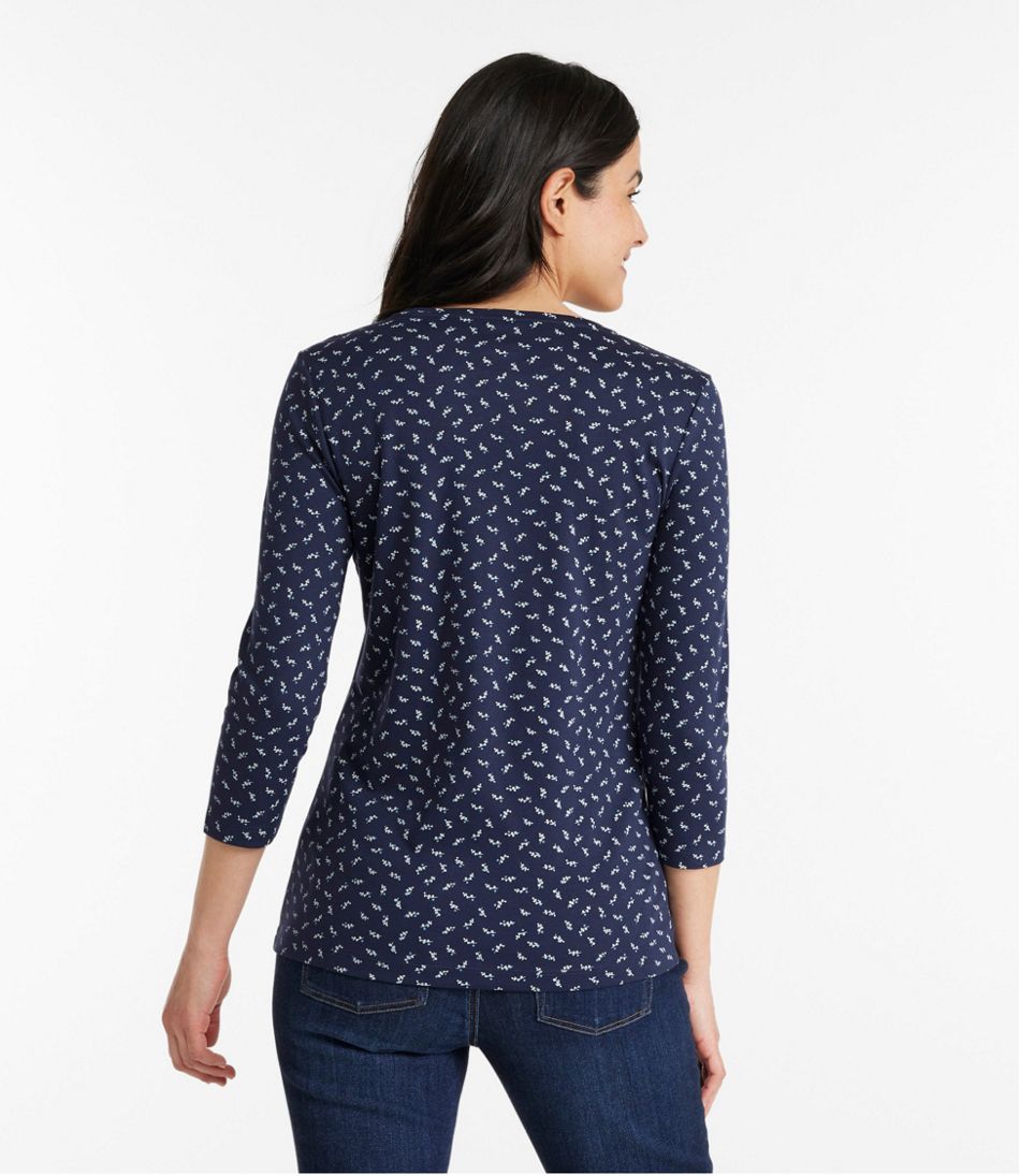 Women's Pima Cotton Shaped Jewelneck Tee, Three-Quarter-Sleeve Print |  Shirts & Tops at