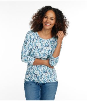 Women's Pima Cotton Shaped Jewelneck Tee, Three-Quarter-Sleeve Print