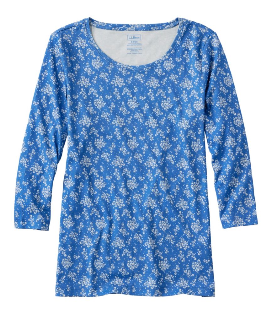 Women's Pima Cotton Shaped Jewelneck Tee, Three-Quarter-Sleeve Print, Flag Blue Floral Bunch, small image number 1