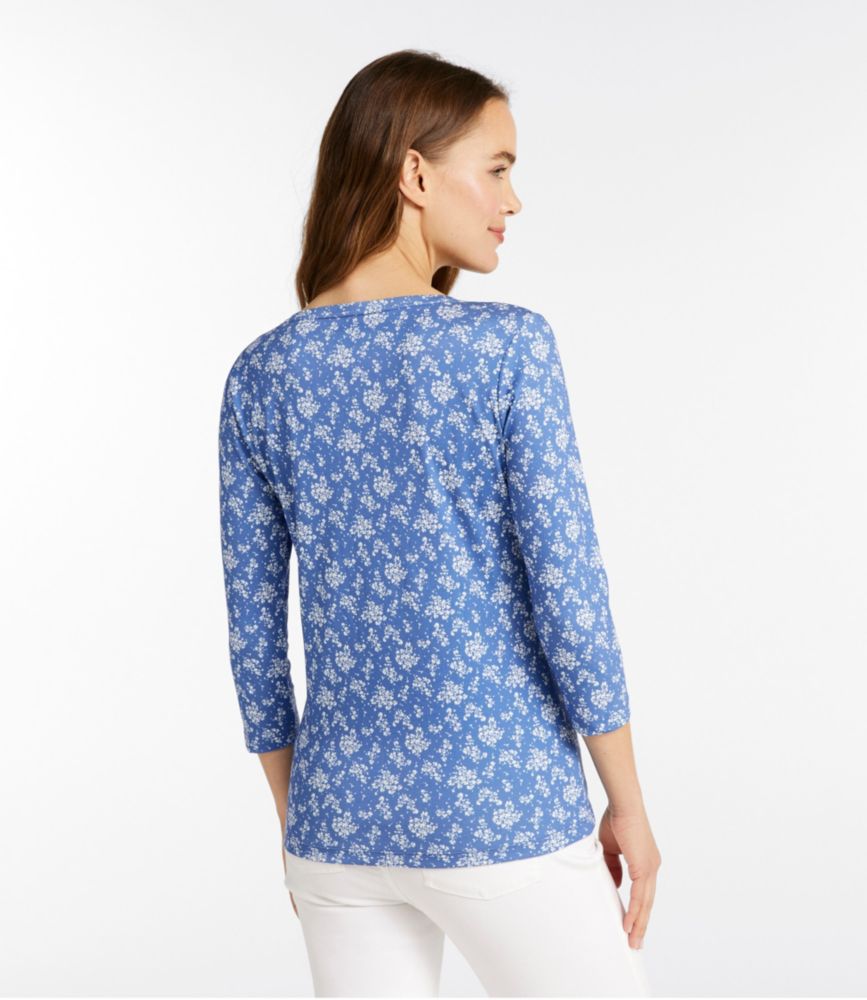 Women's Pima Cotton Shaped Jewelneck Tee, Three-Quarter-Sleeve Print