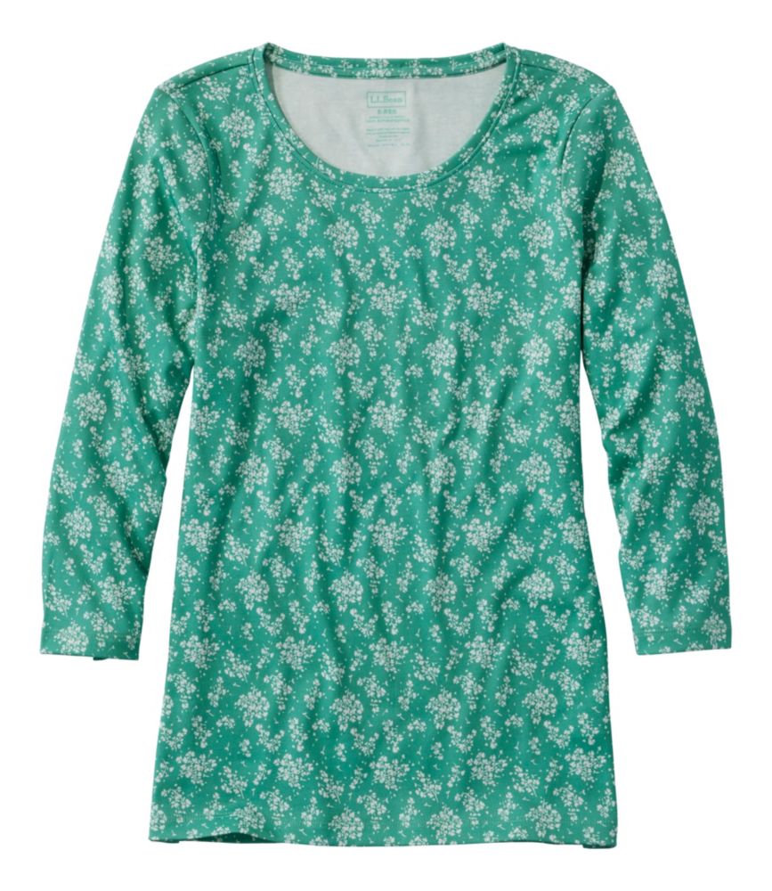 Women's Pima Cotton Shaped Jewelneck Tee, Three-Quarter-Sleeve Print