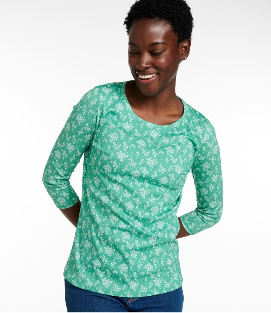 Women's Pima Cotton Shaped Jewelneck Tee, Three-Quarter-Sleeve Print