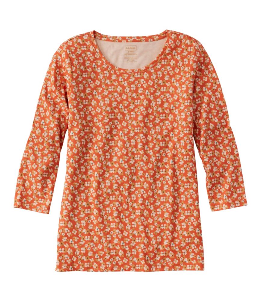 Women's Pima Cotton Shaped Jewelneck Tee, Three-Quarter-Sleeve Print, Faded Orange Poppies, small image number 1