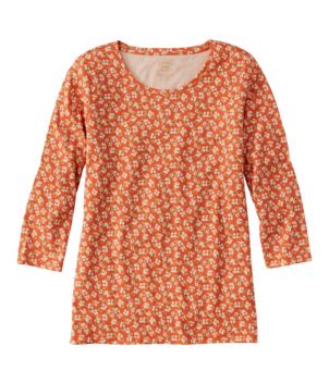 Women's Pima Cotton Shaped Jewelneck Tee, Three-Quarter-Sleeve Print