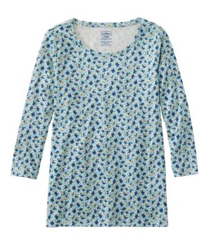 Women's Pima Cotton Shaped Jewelneck Tee, Three-Quarter-Sleeve Print