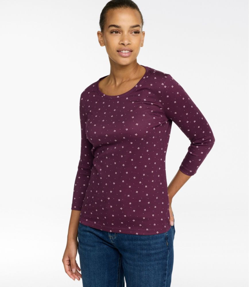 Women's Pima Cotton Shaped Jewelneck Tee, Three-Quarter-Sleeve Print
