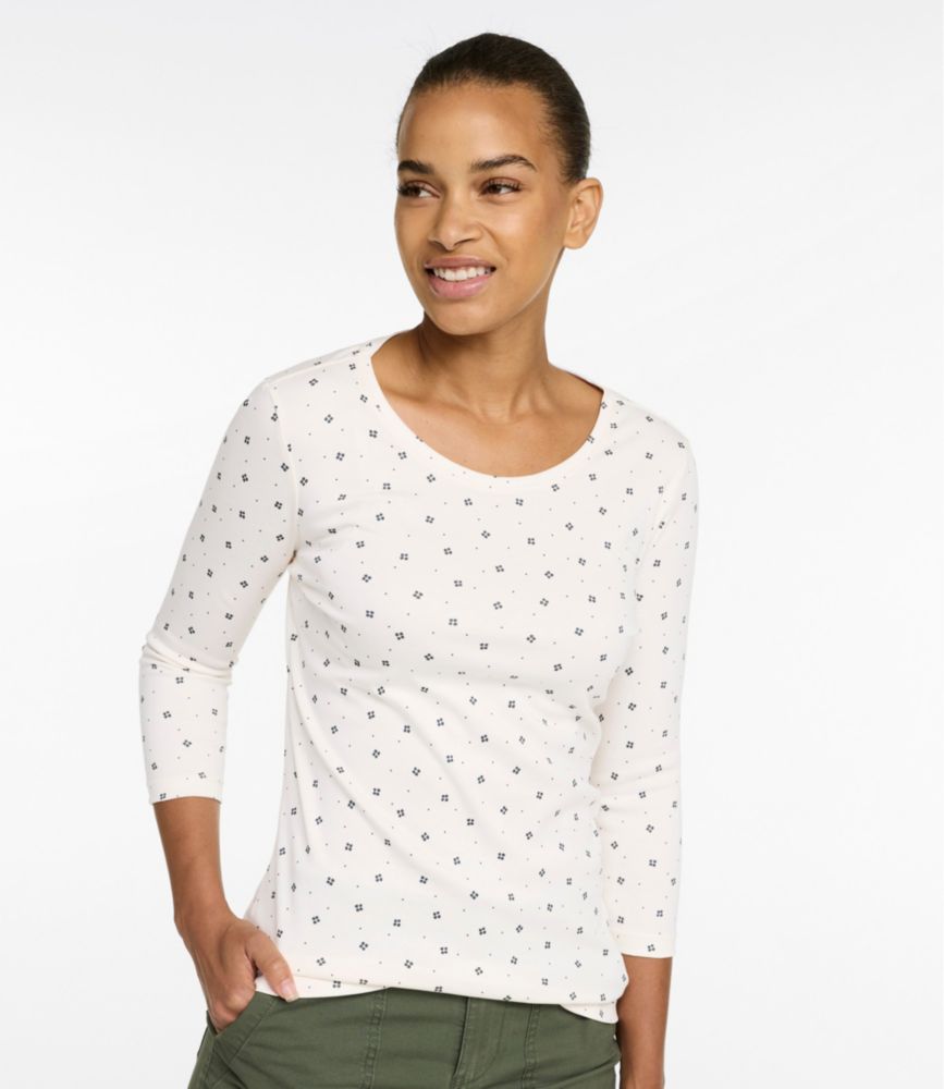 Women's Pima Cotton Shaped Jewelneck Tee, Three-Quarter-Sleeve Print