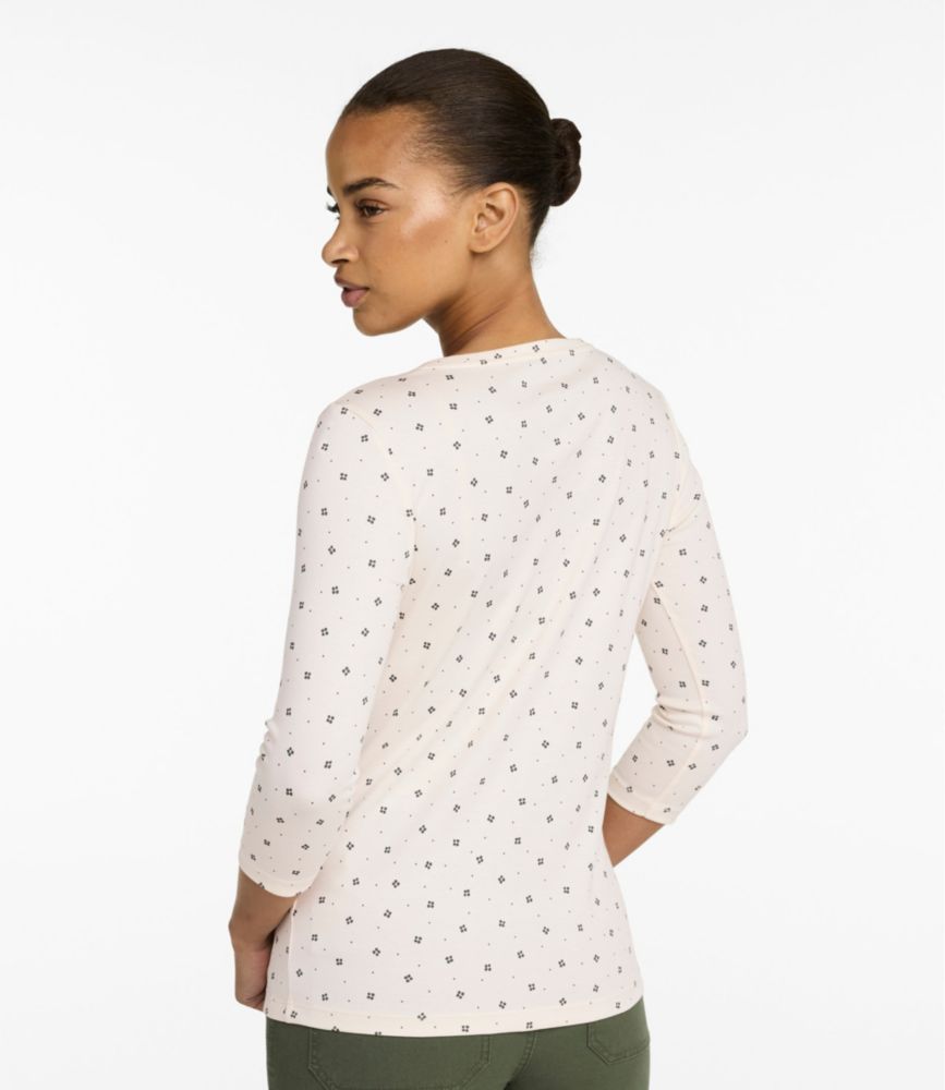 Women's Pima Cotton Shaped Jewelneck Tee, Three-Quarter-Sleeve Print
