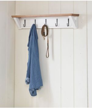 Painted Farmhouse Wall Shelf With Hooks, Wood Top