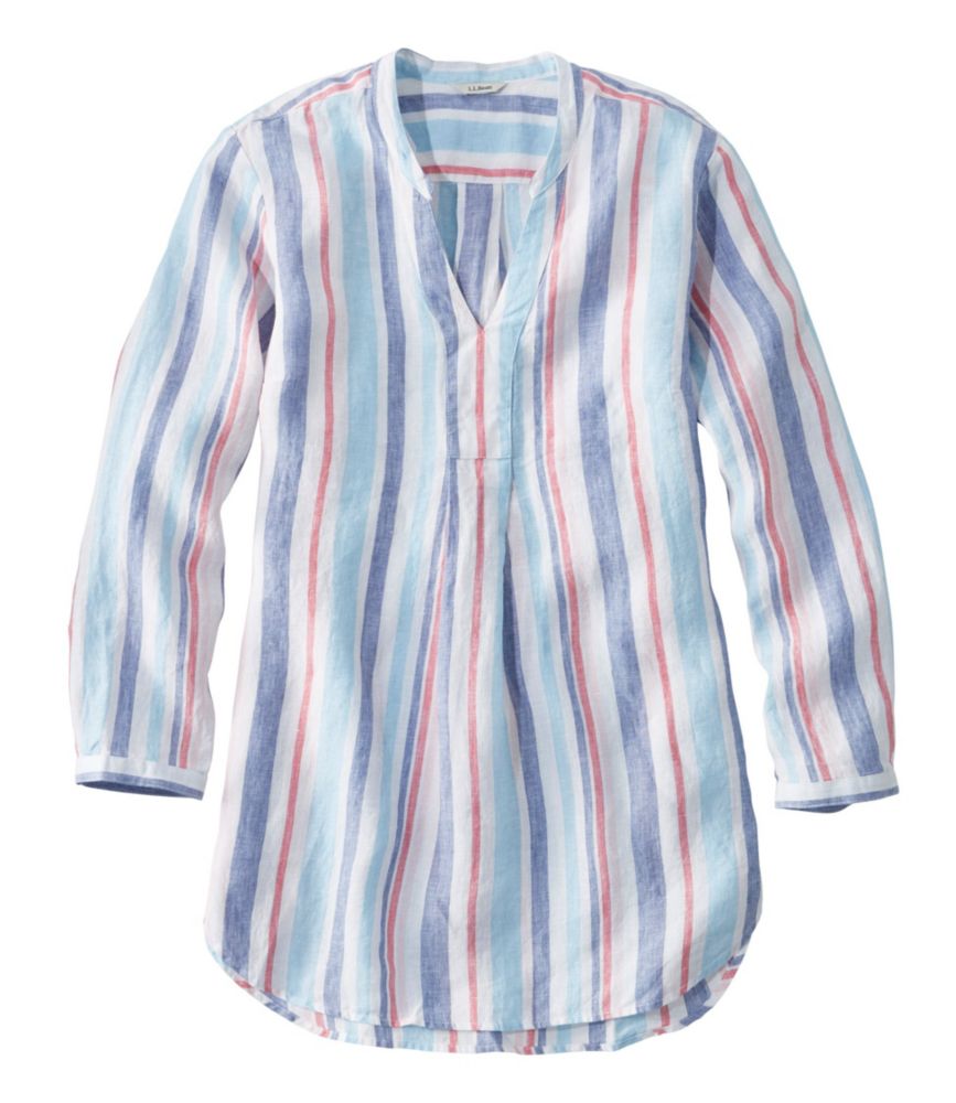 L.L.Bean Women's Premium Washable Linen Shirt, Splitneck Tunic Long-Sleeve Stripe
