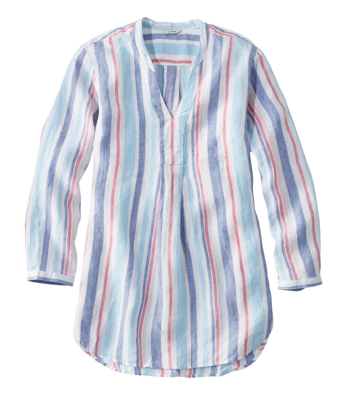 Women's Premium Washable Linen Shirt, Splitneck Tunic Long-Sleeve Stripe