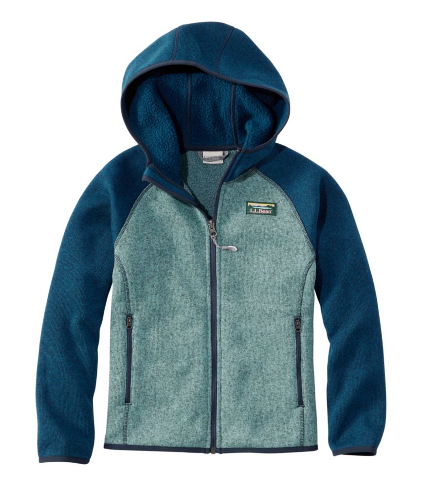 Kids' L.L.Bean's Sweater Fleece, Hooded Colorblock, Dark Marine/Soft Spruce, small image number 1