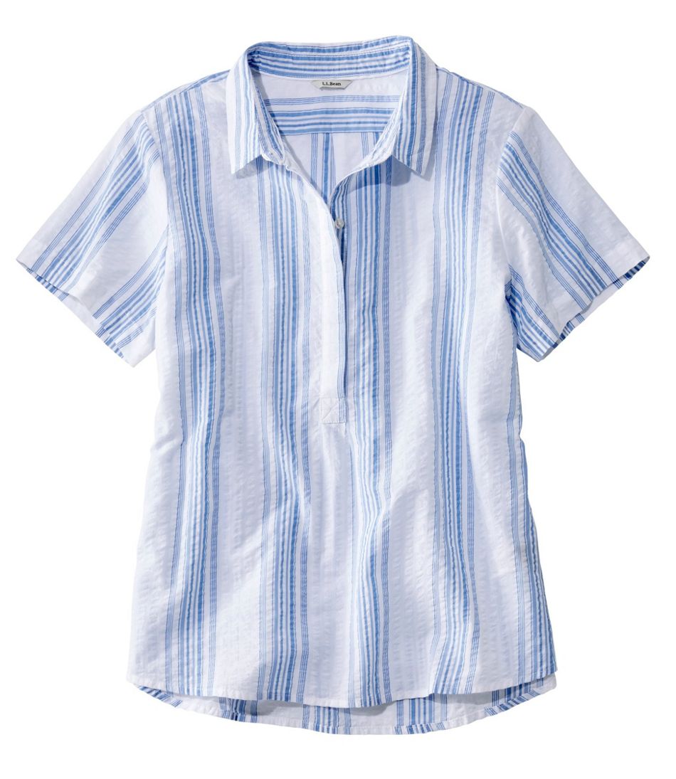 Women's Textured Cotton Popover Shirt, Short-Sleeve Stripe
