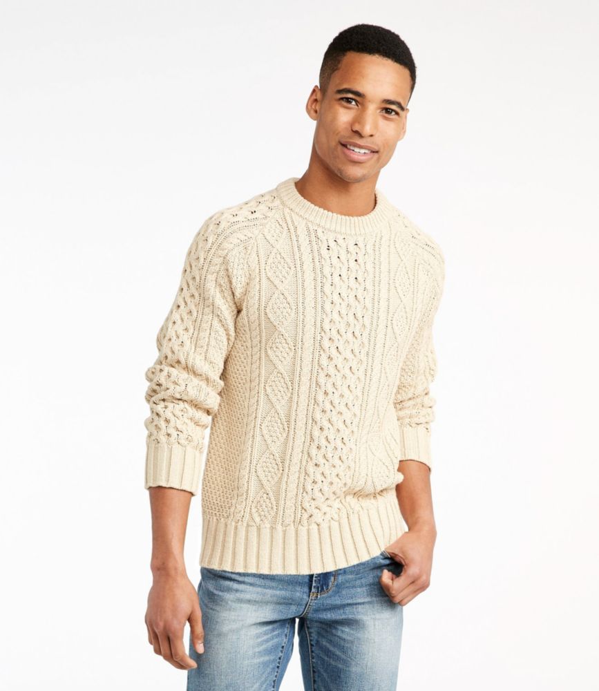 Men's Signature Cotton Fisherman Sweater, Beige, small image number 3