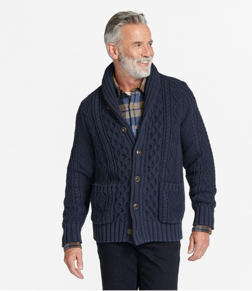 Men's Signature Cotton Fisherman Sweater, Shawl-Collar Cardigan, Beige, small image number 2