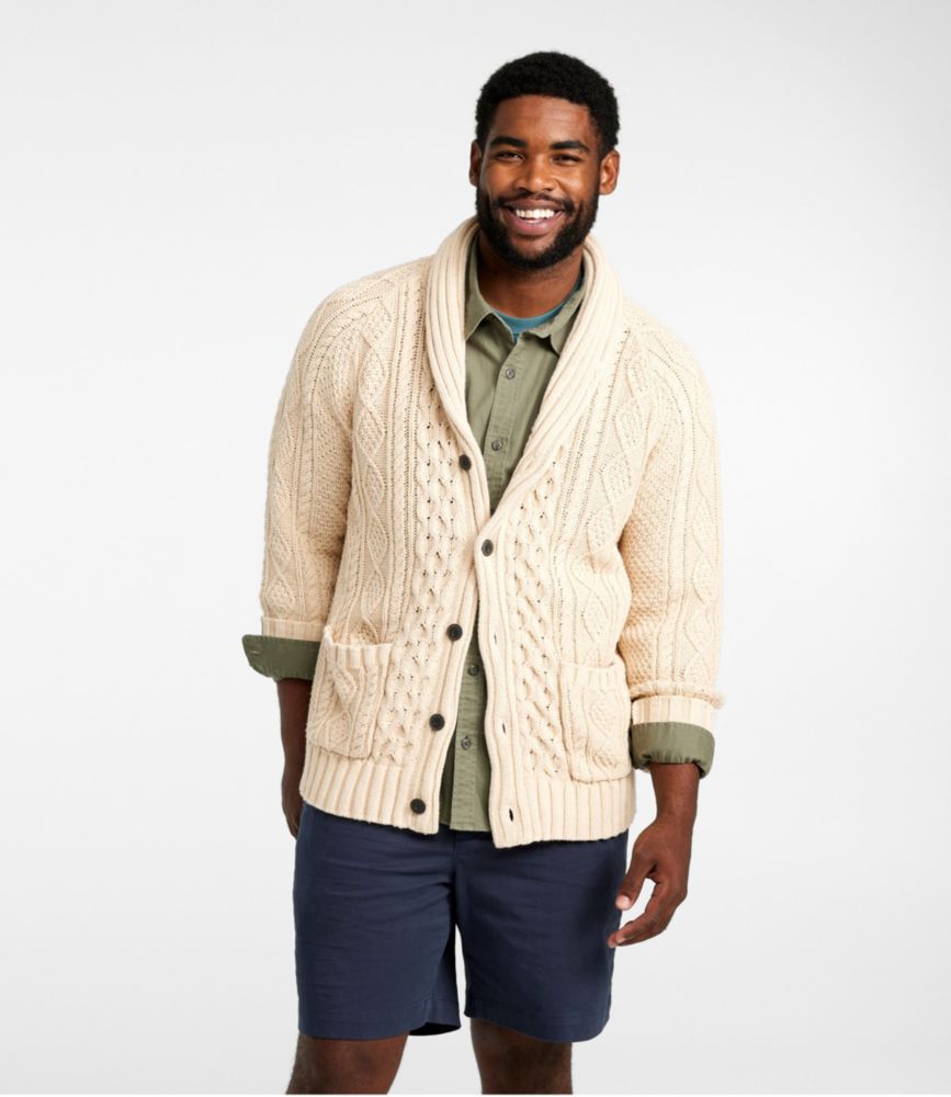 Men's Signature Cotton Fisherman Sweater, Shawl-Collar Cardigan, Beige, small image number 4