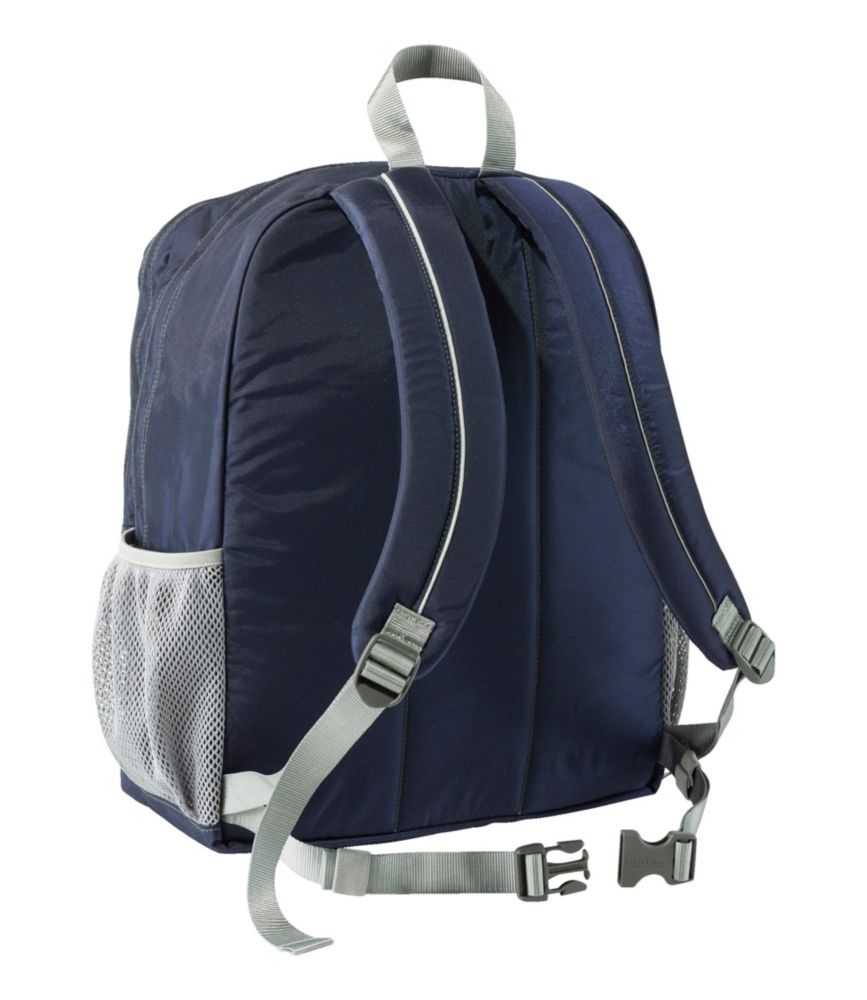Navy school backpack rear view with padded straps, sternum belt, and gray mesh side pockets.