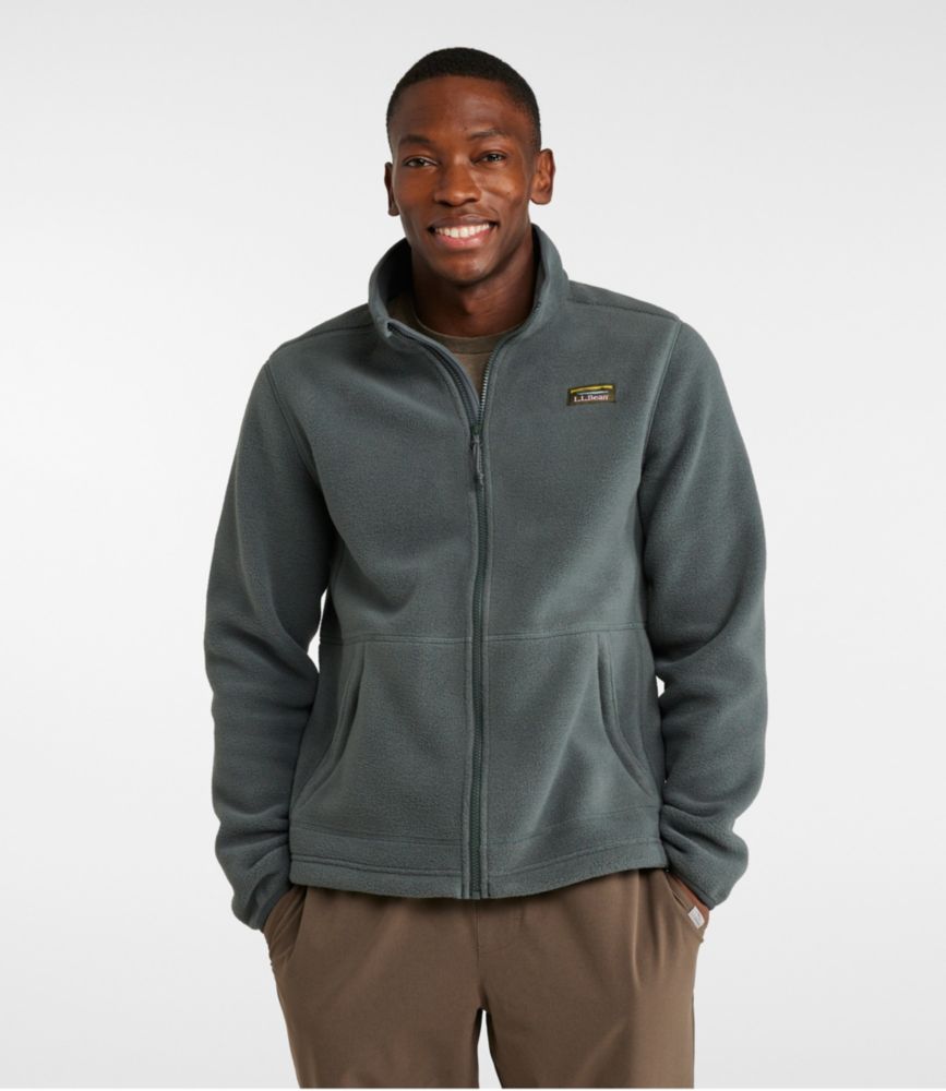 Men's charcoal heather fleece jacket with full zip, stand collar and hand pockets, worn by a standing model.