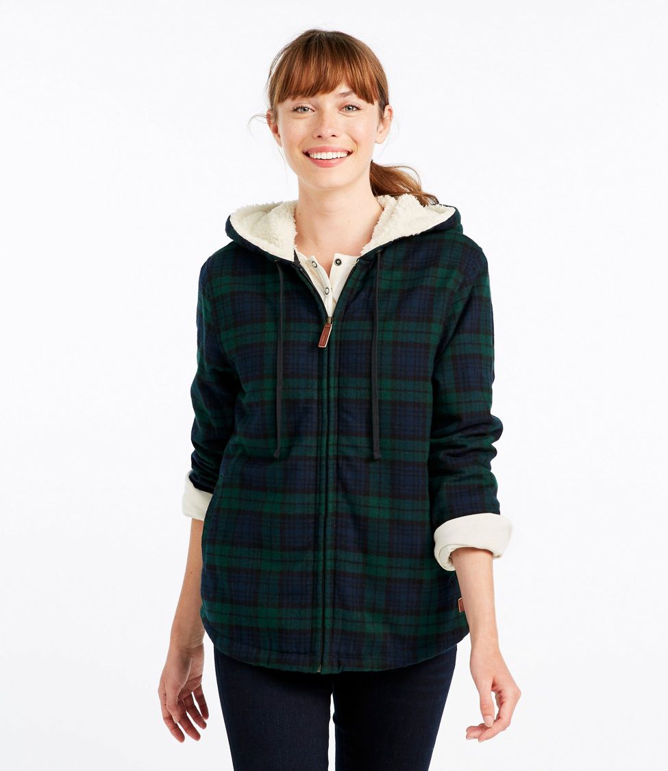 Women/'s Plaid Flannel Shirt Sherpa Lined Full-Zip Hooded Fleece Sweatshirt Jacket