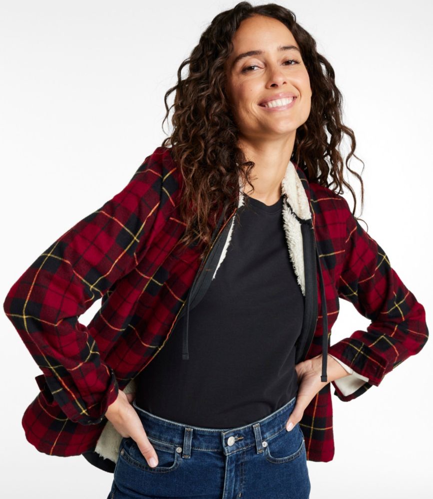Women's Scotch Plaid Flannel Shirt, Sherpa-Lined Zip Hoodie