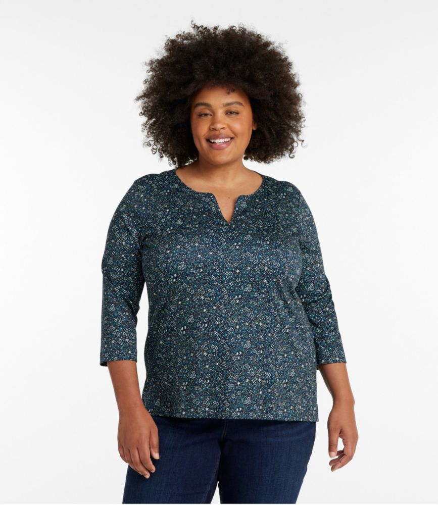 Women's Pima Cotton Tunic, Three-Quarter-Sleeve Splitneck Print, Classic Navy/Cream Dot, small image number 2