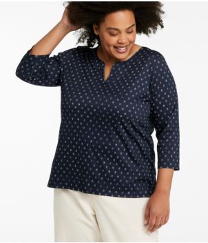 Women's Pima Cotton Tunic, Three-Quarter-Sleeve Splitneck Print