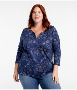 Women's Pima Cotton Tunic, Three-Quarter-Sleeve Splitneck Print