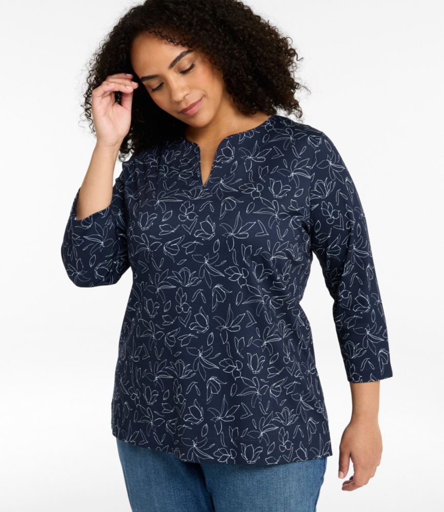 Women's Pima Cotton Tunic, Three-Quarter-Sleeve Splitneck Print