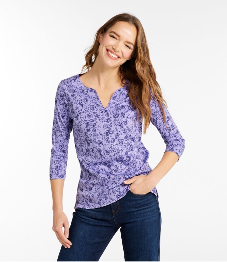 Women's Pima Cotton Tunic, Three-Quarter-Sleeve Splitneck Print, Navy Ditsy Floral, small image number 2