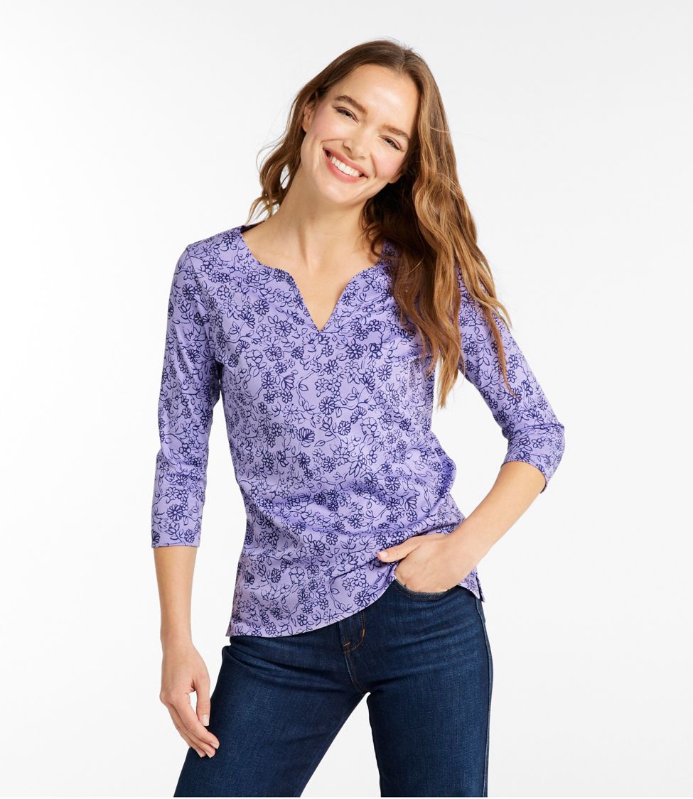 Women's Pima Cotton Tunic, Three-Quarter-Sleeve Splitneck Print at