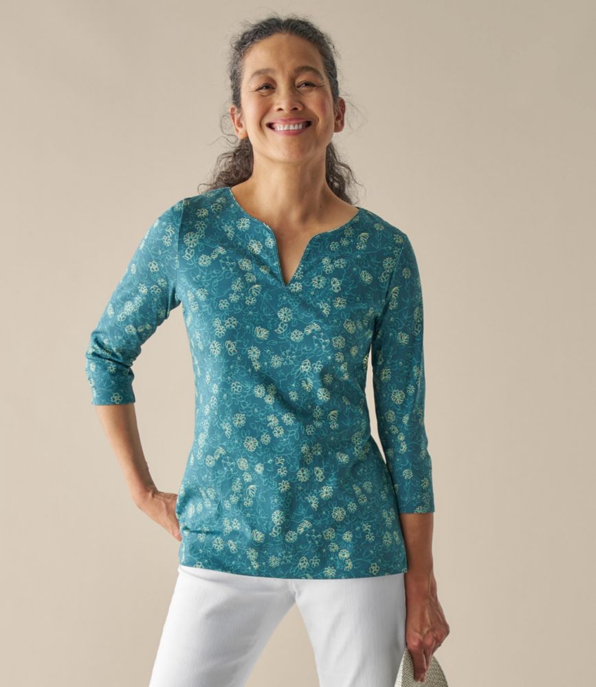 Women's Pima Cotton Tunic, Three-Quarter-Sleeve Splitneck Print, Classic Navy/Cream Dot, small image number 6