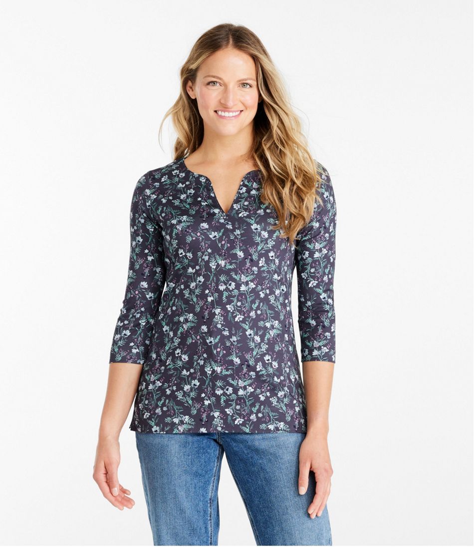 Women's Pima Cotton Tunic, Three-Quarter-Sleeve Splitneck Print