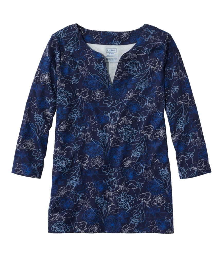 Women's Pima Cotton Tunic, Three-Quarter-Sleeve Splitneck Print, Bright Navy Open Floral, small image number 1