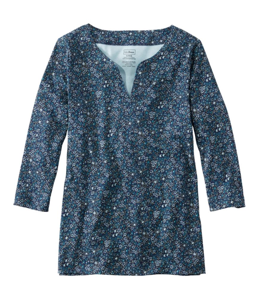 Women's Pima Cotton Tunic, Three-Quarter-Sleeve Splitneck Print, Navy Ditsy Floral, small image number 1