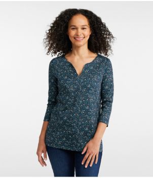 Women's Pima Cotton Tunic, Three-Quarter-Sleeve Splitneck Print